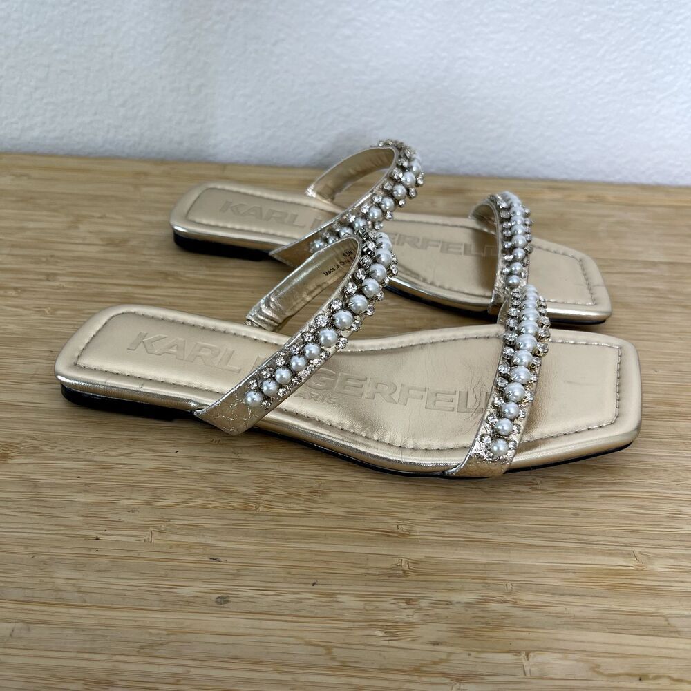 Karl Lagerfeld Paris Sandals Size 6.5M Rhinestone Payzlee Slip On Slide Shoes